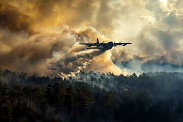Fototapeta na wymiar Aircraft high sky concerted effort to control wildfire. High sky firefighting aircraft ensures safety precise action. Relentless dedication of firefighting crews battling nature's fury.