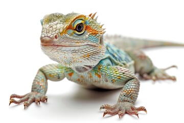 Obraz premium A lizard on a white background, showcasing its unique characteristics and appearance 