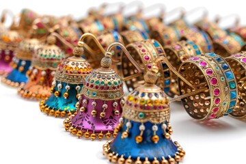 Obraz premium A detailed view of a long, colorful jhumki against a clean white backdrop, highlighting its ornate craftsmanship 