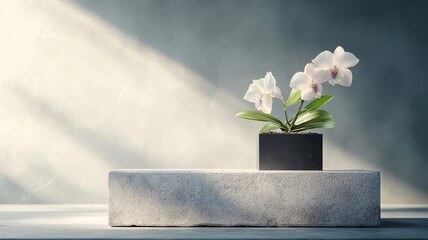 Black box with orchid on illuminated granite podium, dramatic chiaroscuro lighting.