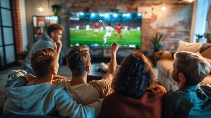 A group of people are watching a soccer game on a television