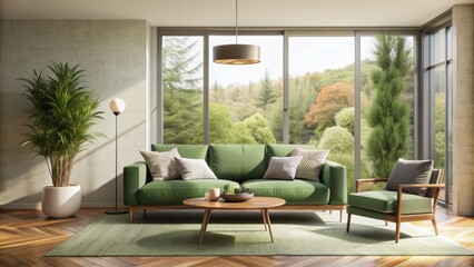 Fototapeta premium Sleek and serene, this modern minimalist living room features a soothing sage green sofa, natural textures, and abundant natural light, exuding calm and sophistication.