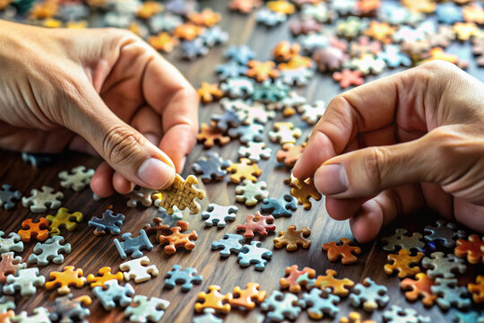 A close-up shot of a person's hands arranging tiny puzzle pieces with precision, surrounded by scattered fragments, conveying a sense of attention to detail.