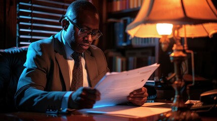 Businessman reviewing documents in a dimly lit office