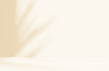 Empty cream beige orange brown room studio with shadow of leaves for product presentation. Autumn background. Summer tropical backdrop. Cosmetic showroom.	