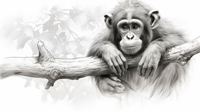 chimpanzee drawing, monkey pencil drawing vintage.