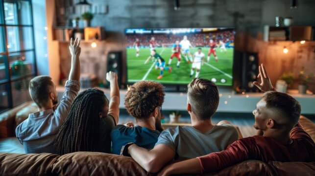 A group of people are watching a soccer game on a television