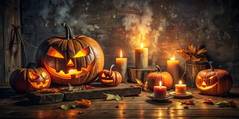 Spooky ambiance reigns in a darkened room where candlelit jack-o'-lanterns cast eerie shadows on a rustic table, creating a haunting Halloween atmosphere.