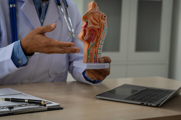 A male doctor sits at the table, explaining the respiratory and digestive systems, highlighting the...
