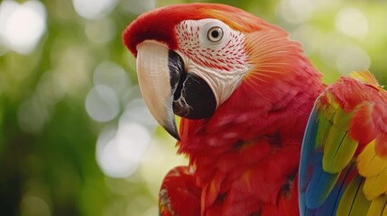 Fototapeta premium A close-up of a parrot's colorful feathers, with its beak and eyes in sharp focus against a blurred green background.