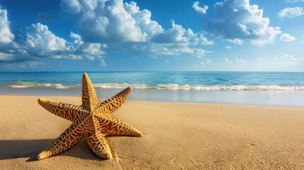Tropical beach with sea star on sand, summer holiday background