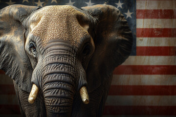 A close-up of an elephant's face with an American flag in the background, emphasizing strength and patriotism in a political context