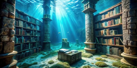 Underwater library featuring ancient books and stone structures, underwater, library, ancient, books