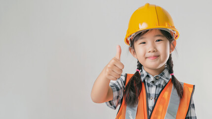 A cute happy smiling young Southeast Asian girl dressed like a construction worker raises her thumb up on a plain white background with copy space for text.