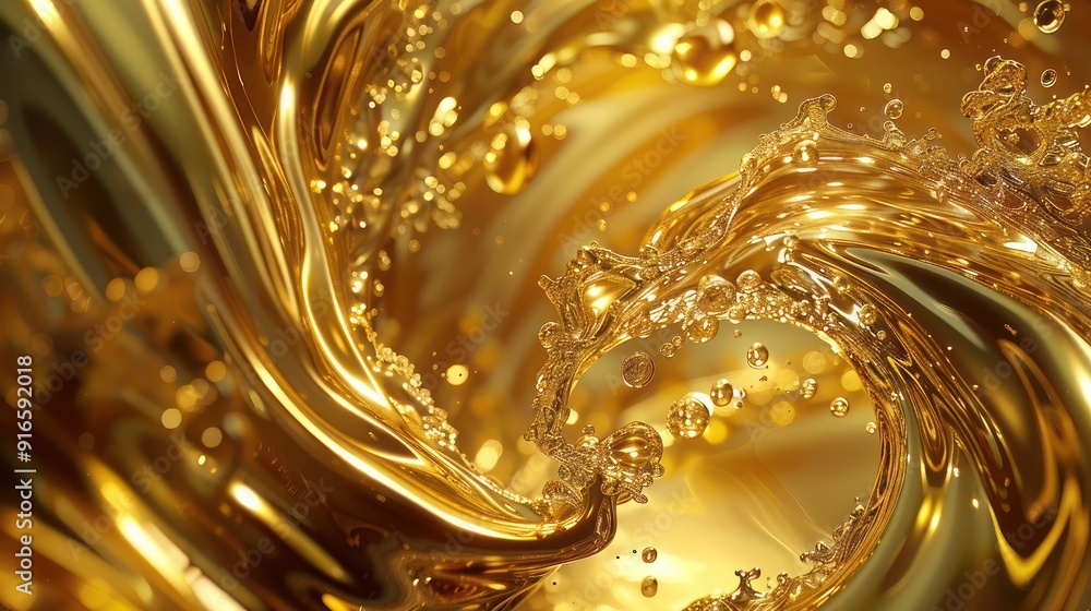 Poster 3d abstract dreamscape where shimmering gold oil and water interact, forming intricate and delicate 