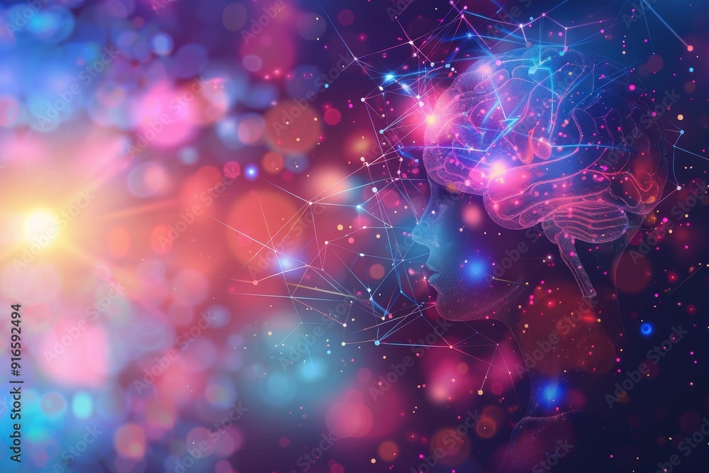 Aufkleber Innovative digital background with vibrant lights merges technology and innovation, creating a futuristic artsy effect. Colorful abstract design with glowing lights, bokeh, and dynamic gradient