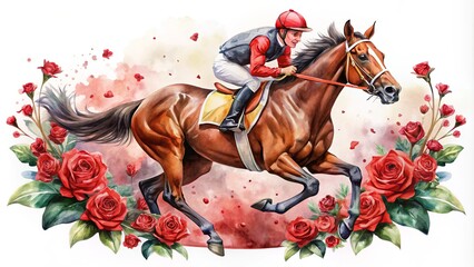 Vibrant 2D watercolor illustration of a majestic derby horse and jockey racing amidst fluttering red roses, adorned with elegant, simple, and colorful label-inspired design elements.