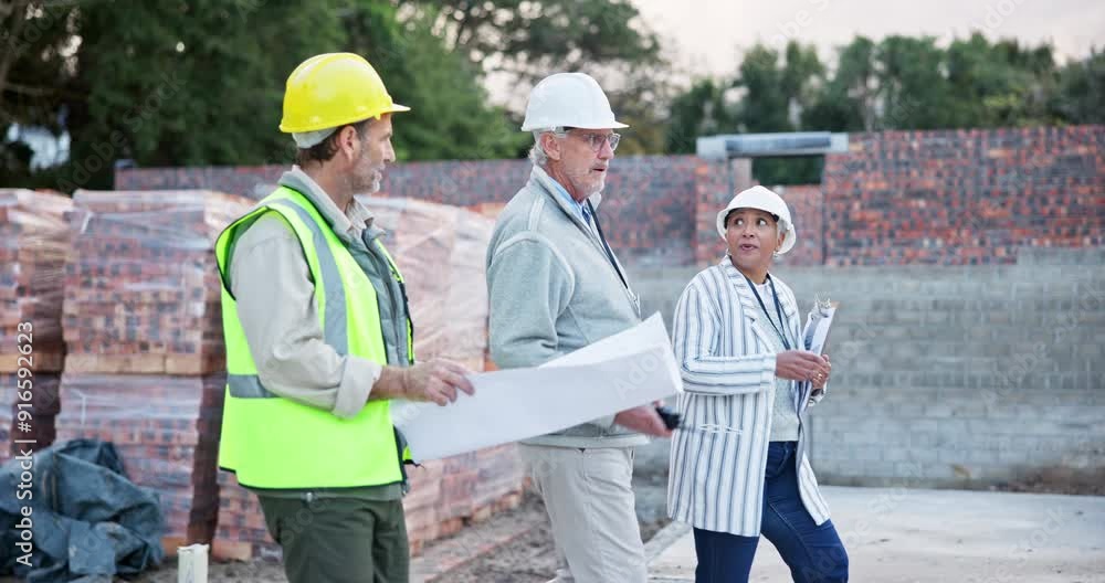 Canvas Prints Group, people and architect with blueprint at construction site for floor plan, discussion and building development. Contractors, documents and talk, inspection and teamwork for industrial project