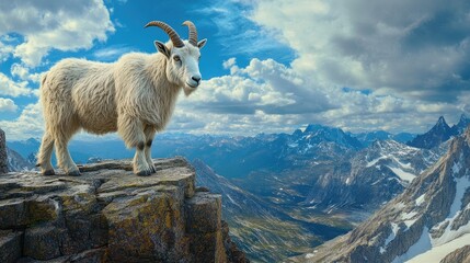 A majestic image of a mountain goat standing on a rocky ledge, with a vast landscape stretching out behind it.