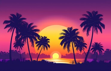 flat vector illustration of sunset with palm trees, purple and orange gradient, retro style, 80s style, simple shapes, simple flat design, simple flat colors, no shadows, simple background