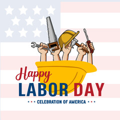 Labor Day Celebration Poster with Yellow Hard Hat, Workers Appreciation Graphic, Industrial Tools Background, Strong Fist with Wrench Icon, Construction Holiday, Industrial Safety Helmet, Labor banner