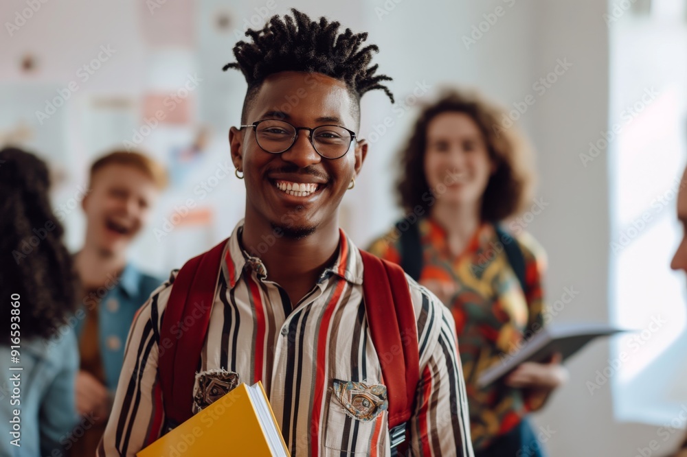 Poster a group of diverse teenagers happily studying in a classroom with books and backpacks creates a posi