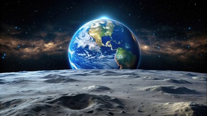 Breathtaking view of Earth rising over the lunar surface from moon perspective, Earth, moon, space, galaxy