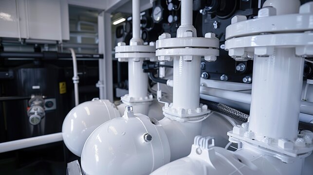 A closeup of a ballast water treatment system on a ship utilizing advanced filtration and dis technology to prevent the spread of invasive species. copy space for text.