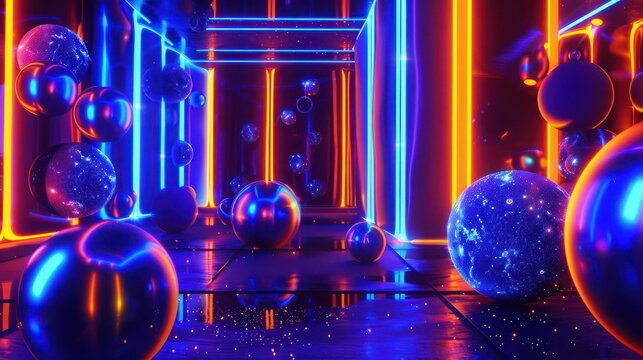  a futuristic 3D abstract realm where retro charm meets modern aesthetics, with neon colors and retro-futuristic elements in galaxy blue and plasma orange