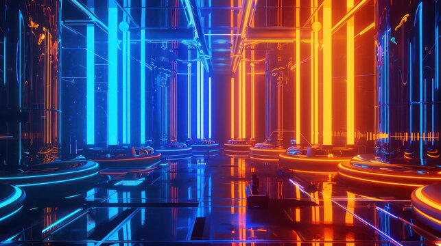 a futuristic 3D abstract realm where retro charm meets modern aesthetics, with neon colors and retro-futuristic elements in galaxy blue and plasma orange
