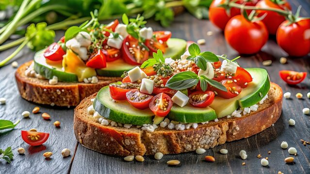 Vibrant bruschetta overflowing with fresh tomatoes, spinach, crumbled feta, avocado, red chili pepper, blue cheese, micro greens, sesame seeds, and flax, exemplifying healthy gourmet indulgence.