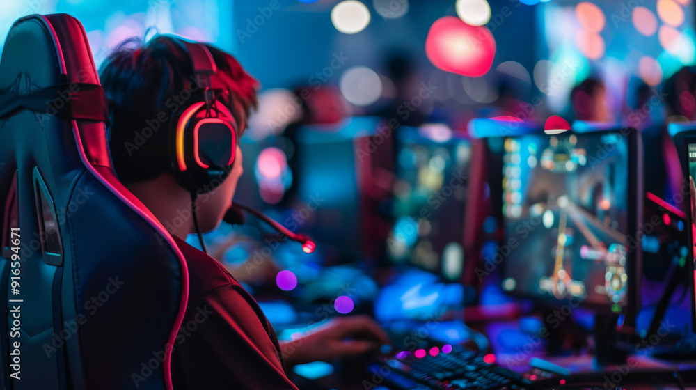 Poster a man is playing a video game with a headset on