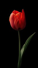 Obraz premium A stunning red tulip stands elegantly against a dark background, showcasing its vibrant petals and delicate green leaf.