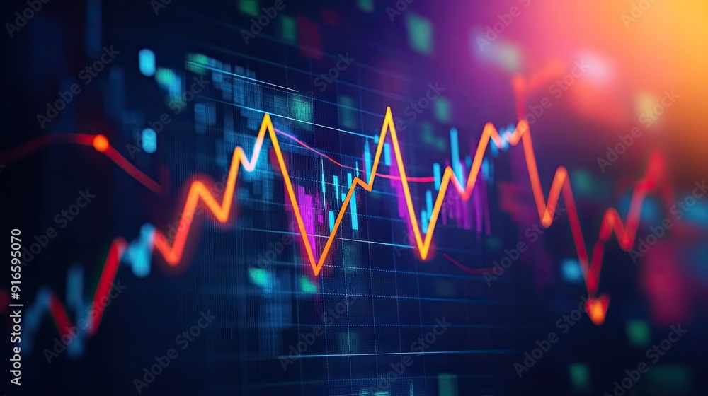 Poster dynamic stock market chart showing fluctuating lines and data points in vibrant colors, representing