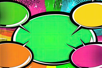 Colorful comic book style speech bubbles with a green background, perfect for text, conversation, and creative design projects.