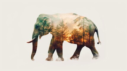 Double exposure of an elephant and a forest landscape, blending wildlife and nature in a creative artistic photo.