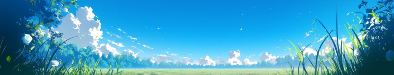 Fototapeta premium Enchanting Anime-style Fantasy Landscape: Vibrant Rose-holding Figure Against Dreamy Blue Sky. Perfect for 4K Wallpapers, Book Illustrations, and Creative Marketing Visuals.