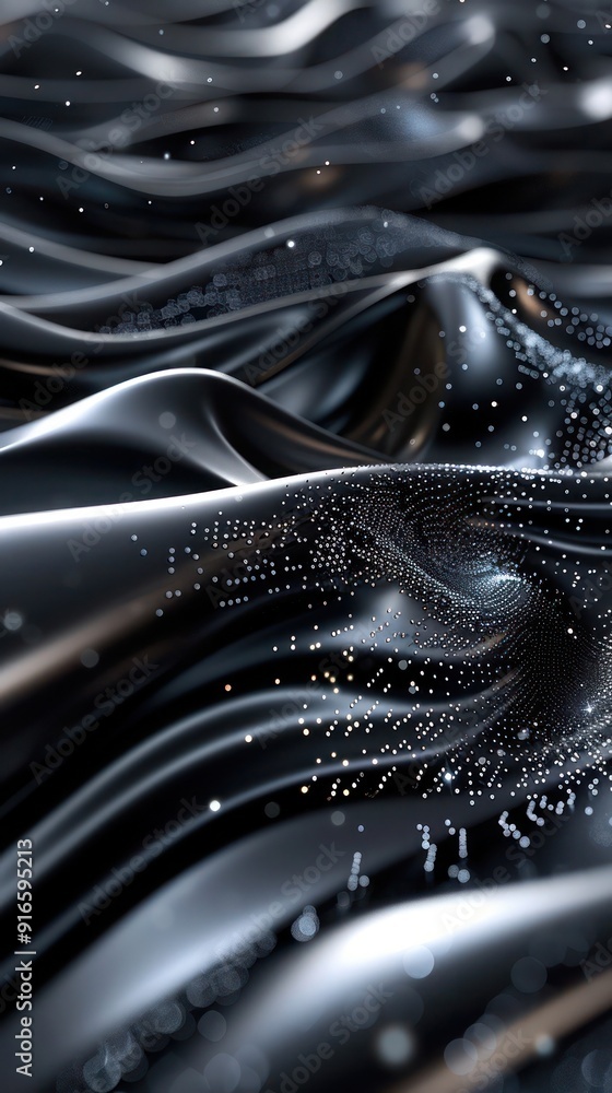 Poster a mesmerizing 3d abstract landscape adorned with shimmering particle effects in sleek black and silv