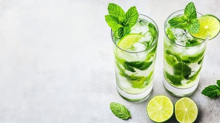 Refreshing mint and lime cocktail served in tall glasses, perfect for summer gatherings and tropical celebrations.