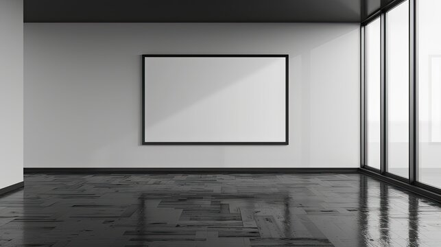 Mockup image of a modern empty room with a large empty frame on a white wall and sleek black floors