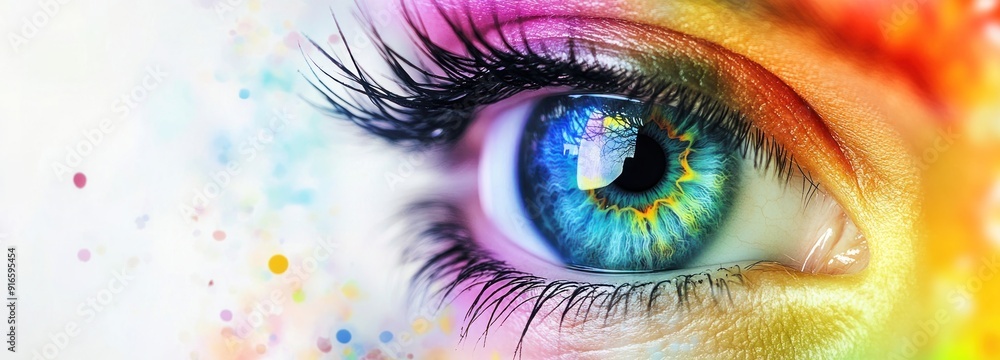 Poster a close-up of a colorful eye with a rainbow reflection