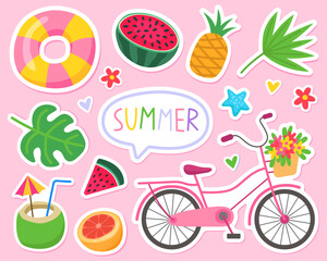 Summer cute vector illustration. Stickers, summertime elements. Bicycle, pineapple, coconut, palm and monstera leaves, starfish, orange, inflatable ring, watermelon, flowers and hearts. 