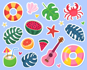 Summer cute vector illustration. Stickers, summertime elements. Ukulele guitar, 
crab, coconut, palm and monstera leaves, starfish, orange, inflatable ring, shell, watermelon, flowers and hearts. 