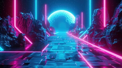  a neon-lit 3D abstract realm where retro-futuristic vibes come alive with vibrant hues of electric blue and neon pink
