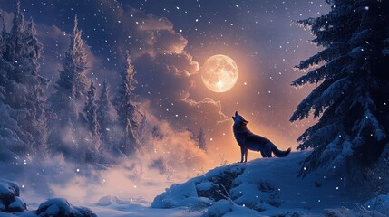 A serene image of a lone wolf howling at the moon in a snowy forest, with its breath visible in the cold night air.