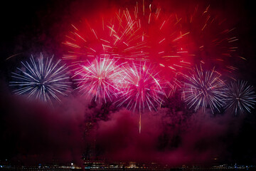 Colourful fireworks at Marina Bay in Singapore on Singapore National Day in 2024, Singapore's 59th birthday.