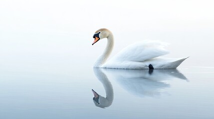 Obraz premium A serene image of a swan gliding gracefully across a calm lake, with its reflection mirrored in the water.