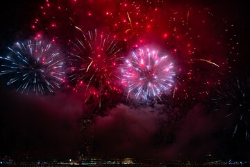 Colourful fireworks at Marina Bay in Singapore on Singapore National Day in 2024, Singapore's 59th birthday.