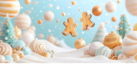 Obraz premium Magical Christmas Banner with Floating Gingerbread and Festive Decor