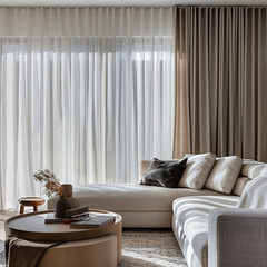 Capturing the unique blend of functionality and style in a living room adorned with dimout curtains and minimalist scandinavian furniture. 